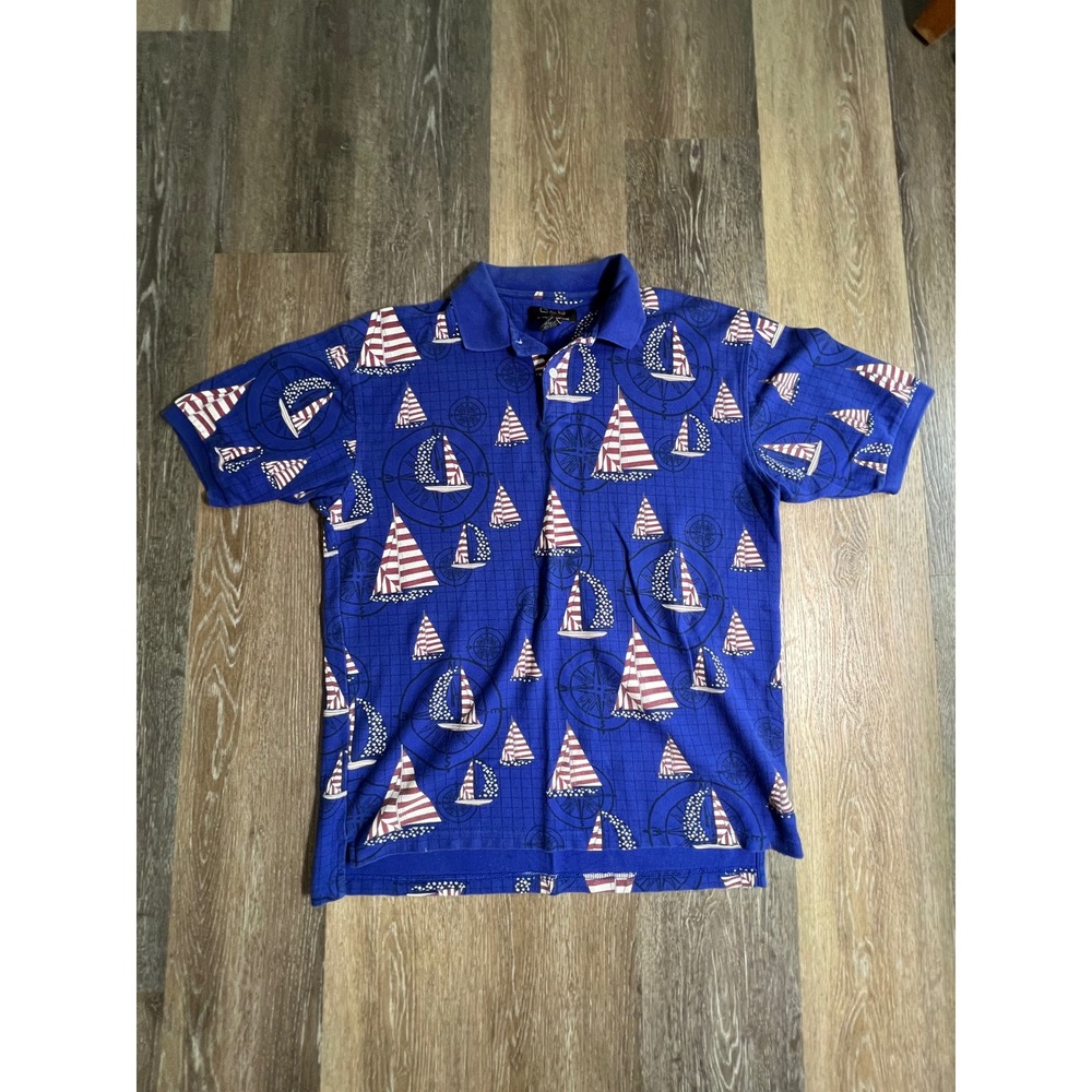 Croft & Barrow Polo Shirt Mens Medium Blue Excellent Sailboat Nautical Cotton